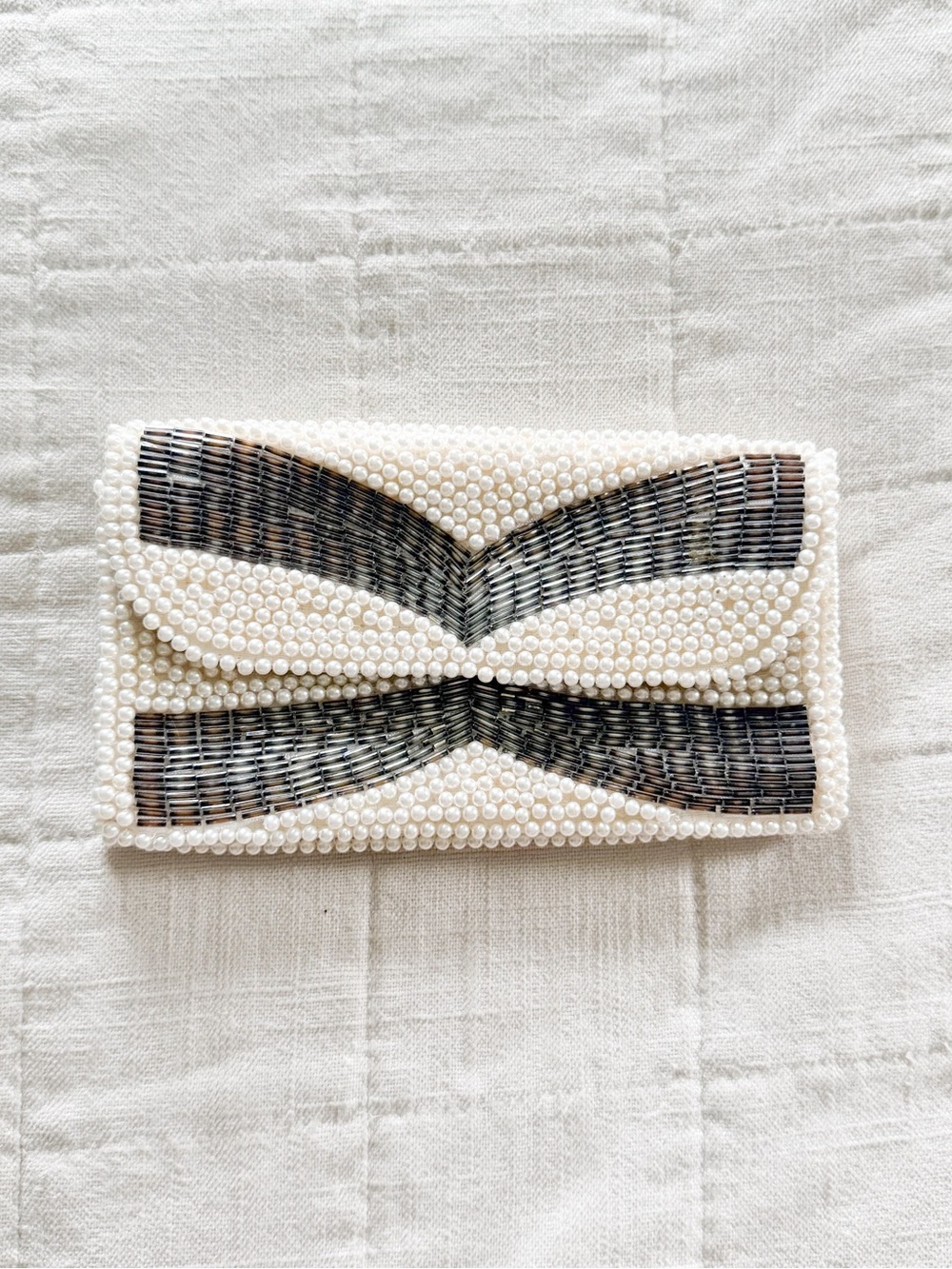 Vintage Beaded Mini Clutch in Ivory and Gun Metal